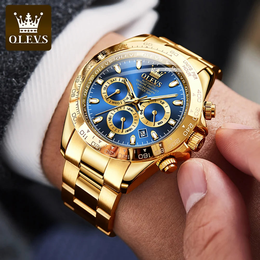 OLEVS Gold Stainless Steel Watches for Men Automatic Chronograph - Gold Bezel & Waterproof & Luminous & Date relógio masculino
