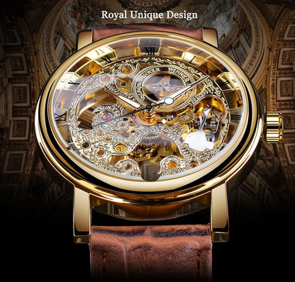 Winner Transparent Golden Case Luxury Casual Design Brown Leather Strap Watches