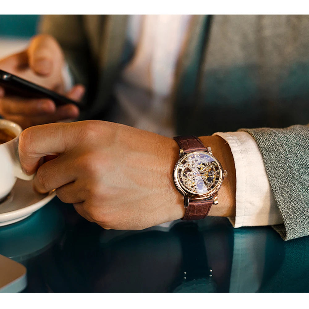 Winner Transparent Golden Case Luxury Casual Design Brown Leather Strap Watches