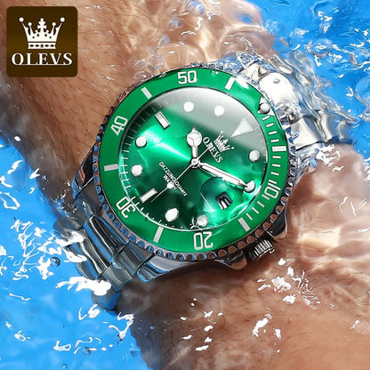 OLEVS Top Original Men Quartz Watch Green Waterproof Watch for Men Stainless Steel Quartz Men Luxury Watch Luminous Wristwatch
