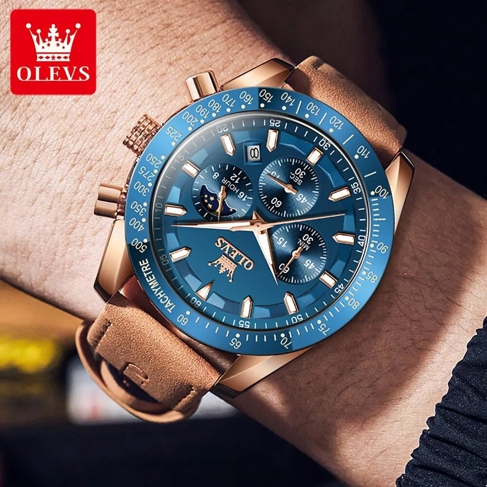 OLEVS New Original Men's Quartz Watch Brown Leather Strap Date Calendar Moon Phase Waterproof Luminous Quartz Watch for Men