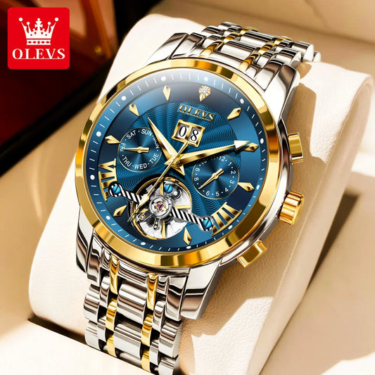OLEVS 9965 New Automatic Mechanical Watch For Men Skeleton Flywheel Waterproof Men's Watches Week Calendar Luxury Man Wristwatch