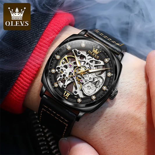 OLEVS Luxury Men Watches Automatic Mechanical Wristwatch Skeleton Design Waterproof Leather Strap Male Watch Reloj Hombre