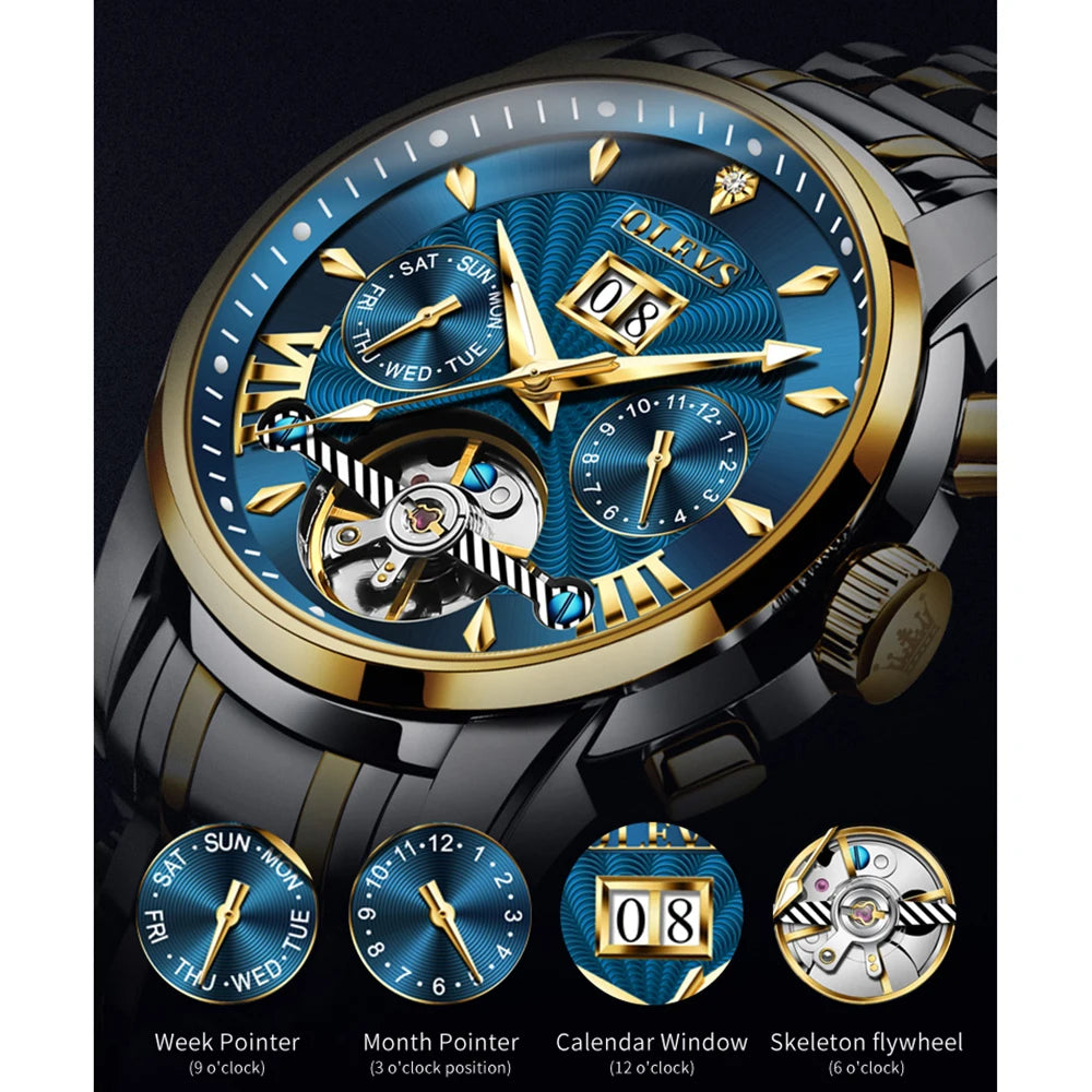 OLEVS 9965 New Automatic Mechanical Watch For Men Skeleton Flywheel Waterproof Men's Watches Week Calendar Luxury Man Wristwatch
