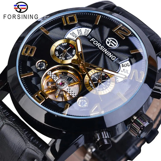 Forsining Tourbillion Wave Black Golden Clock Multi Function Automatic Mechanical Watches
