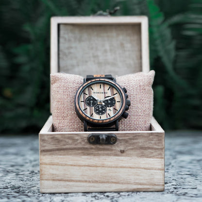 BOBO BIRD Woodn Chronograph Calendar Personalized Engraved Watches