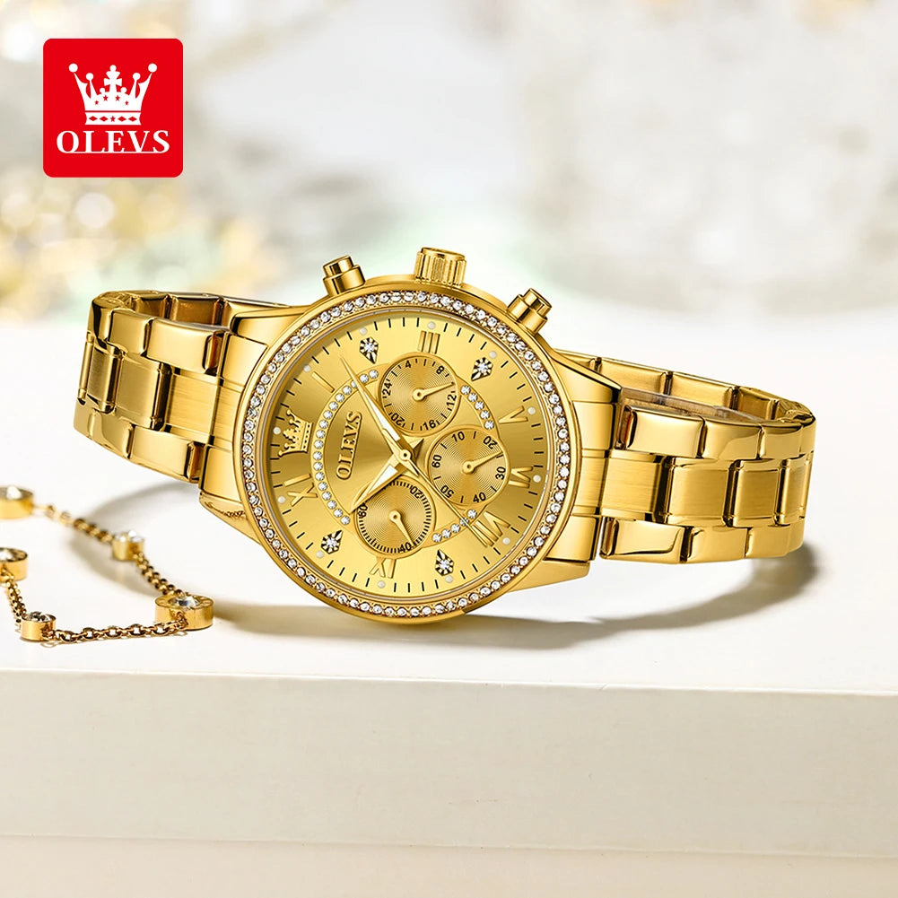 OLEVS Women's Quartz Watch Luxury Diamond Dial Gold Stainless Steel Waterproof Classic Three Small Dials Watch for Women New In
