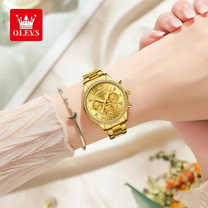 OLEVS Women's Quartz Watch Luxury Diamond Dial Gold Stainless Steel Waterproof Classic Three Small Dials Watch for Women New In