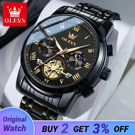 OLEVS Men’s Watch Analog Quartz Movement Business Stainless Steel Waterproof Luminous Chronograph Day Date Male Wrist Watches