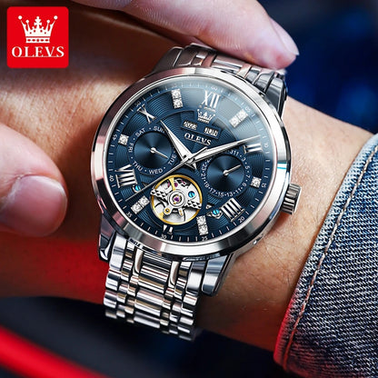 OLEVS Men's Watches Hollow Out Automatic Mechanical Original Wristwatch for Man Waterproof Luminous Perpetual Calendar Fashion